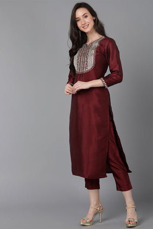 Maroon Poly Silk Solid Yoke Design Kurti Pant Set