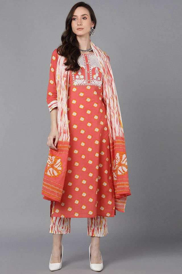 Orange Cotton Straight Kurti Pant With Dupatta
