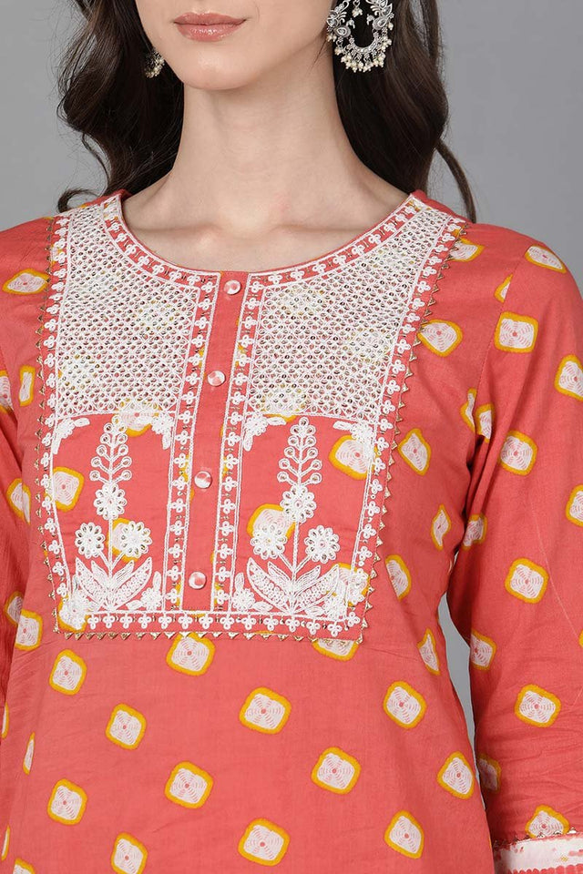 Orange Cotton Straight Kurti Pant With Dupatta