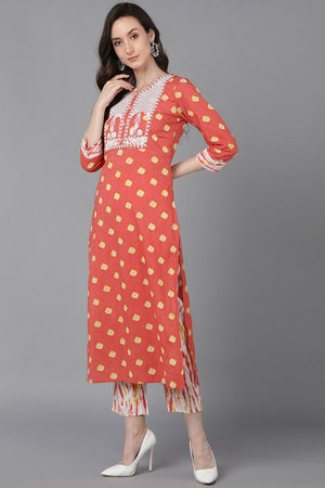 Orange Cotton Straight Kurti Pant With Dupatta
