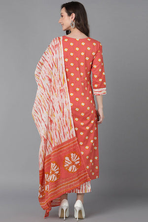 Orange Cotton Straight Kurti Pant With Dupatta