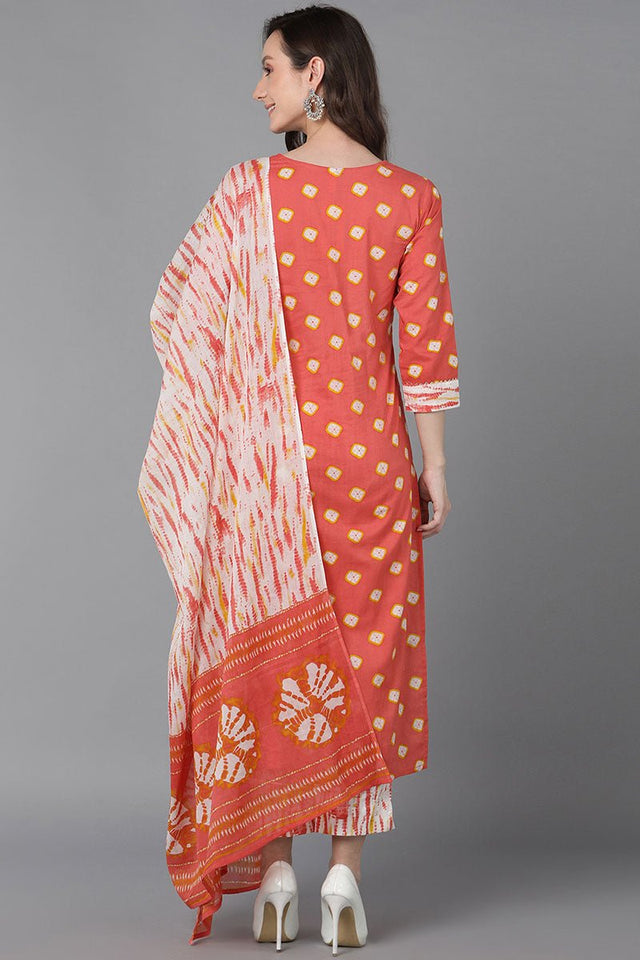 Orange Cotton Straight Kurti Pant With Dupatta