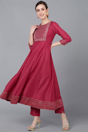 Rose Poly Silk Solid Yoke Design Kurti Pant Set