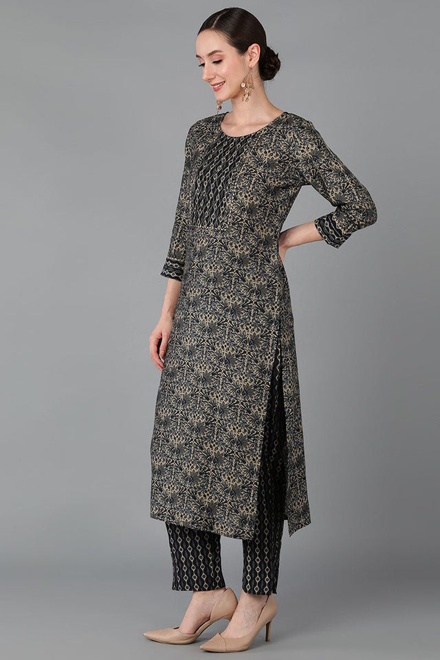 Black Silk Blend Straight Kurti Pant With Dupatta