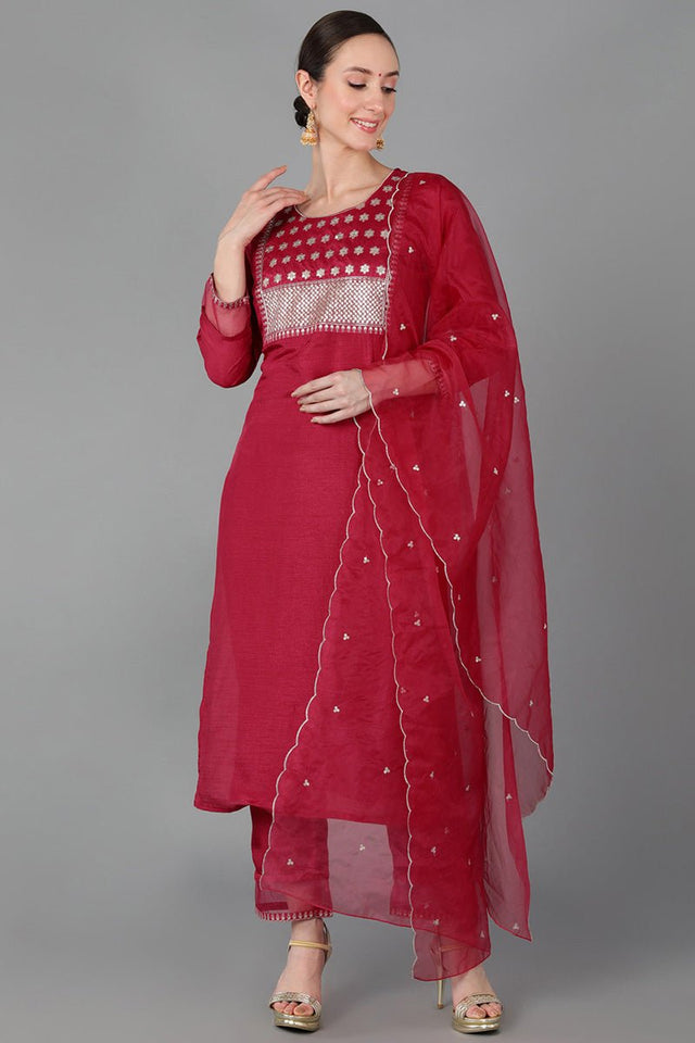 Fuchsia Poly Silk Straight Kurti Pant With Dupatta