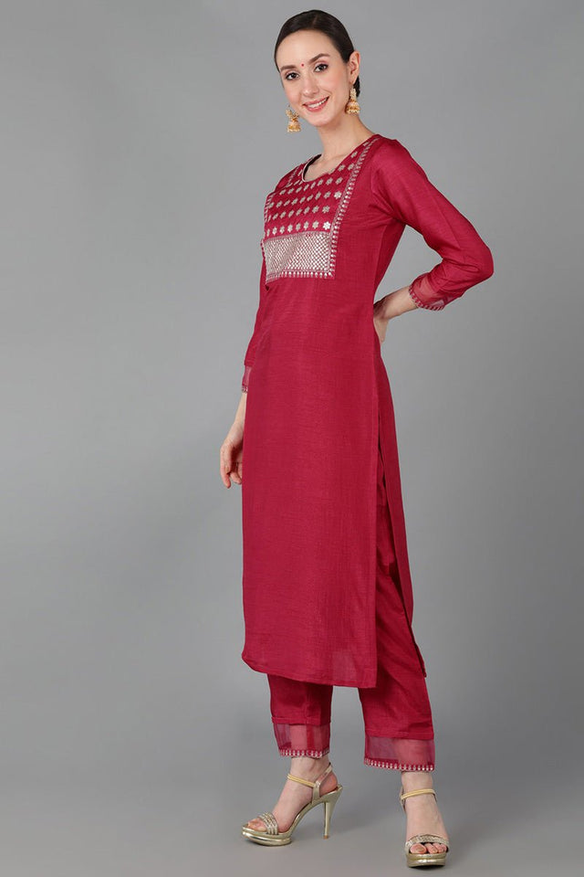 Fuchsia Poly Silk Straight Kurti Pant With Dupatta
