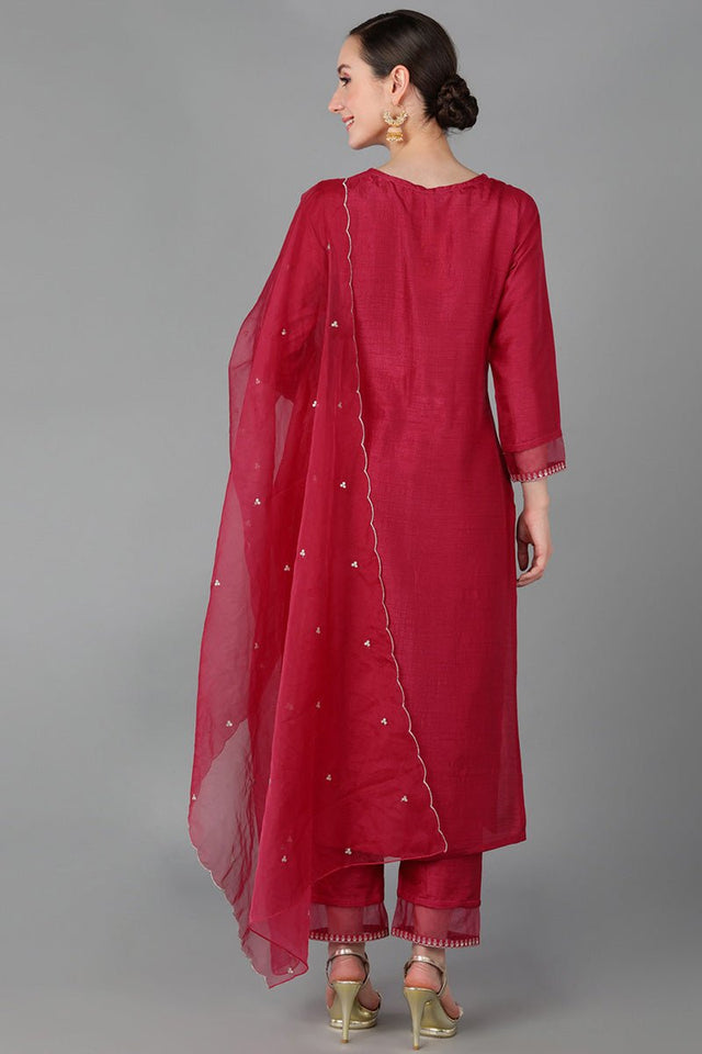 Fuchsia Poly Silk Straight Kurti Pant With Dupatta