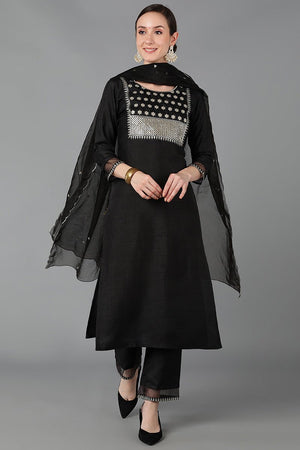 Black Poly Silk Straight Suit Set