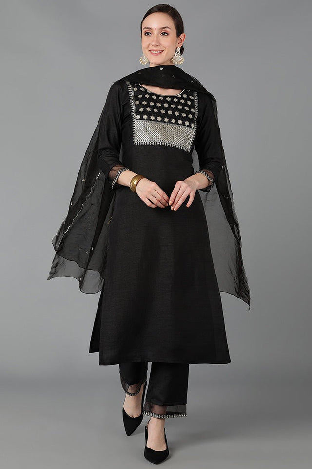 Black Poly Silk Straight Suit Set