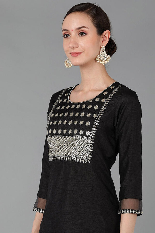 Black Poly Silk Straight Suit Set