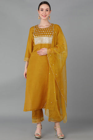 Mustard Poly Silk Straight Suit Set