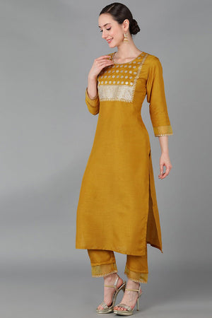 Mustard Poly Silk Straight Suit Set