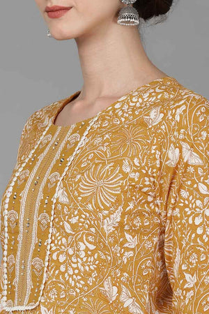 Mustard Cotton Printed Kurti Pant Set
