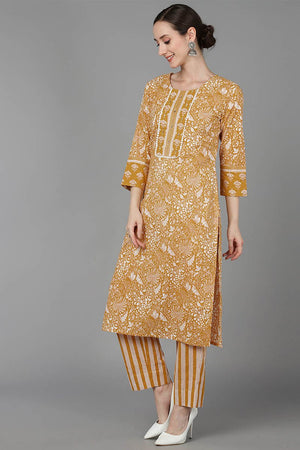 Mustard Cotton Printed Kurti Pant Set