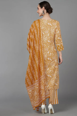 Mustard Cotton Printed Kurti Pant Set