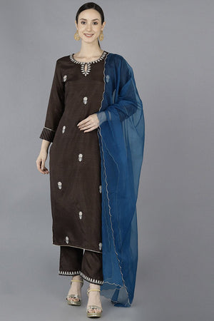 Grey Silk Blend Embroidered Kurti