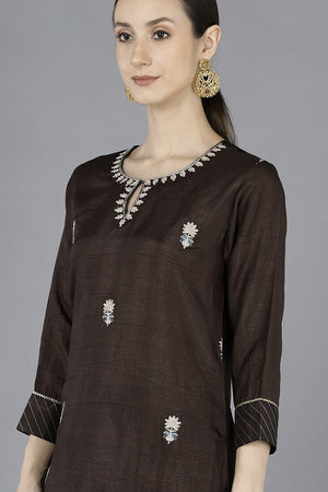 Grey Silk Blend Embroidered Kurti