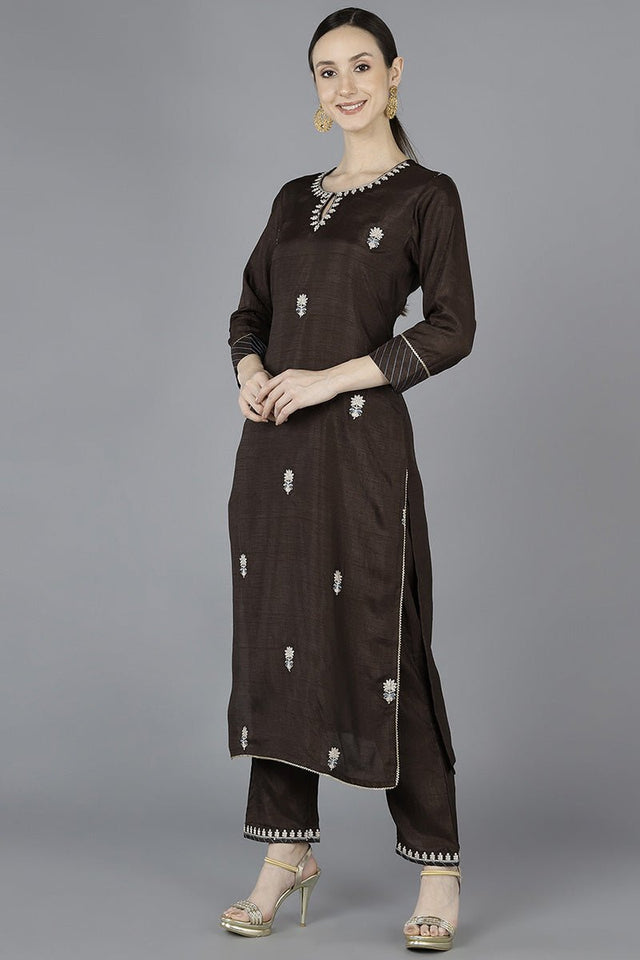 Grey Silk Blend Embroidered Kurti