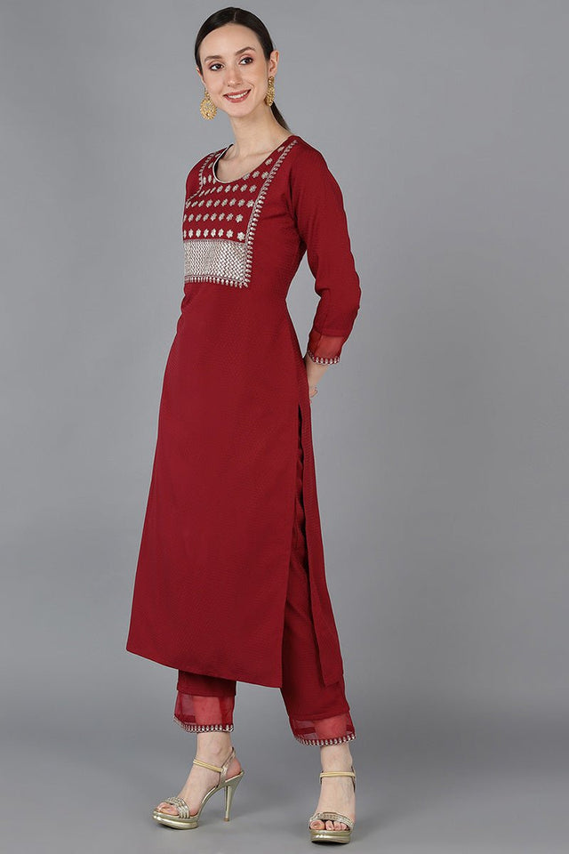 Red Poly Silk Yoke Design Kurti Set