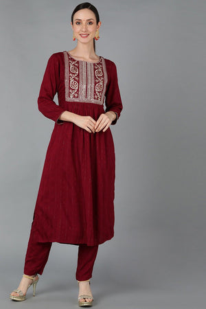 Maroon Silk Blend Yoke Design Solid Straight Kurti Set