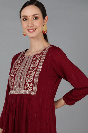 Maroon Silk Blend Yoke Design Solid Straight Kurti Set