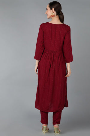 Maroon Silk Blend Yoke Design Solid Straight Kurti Set