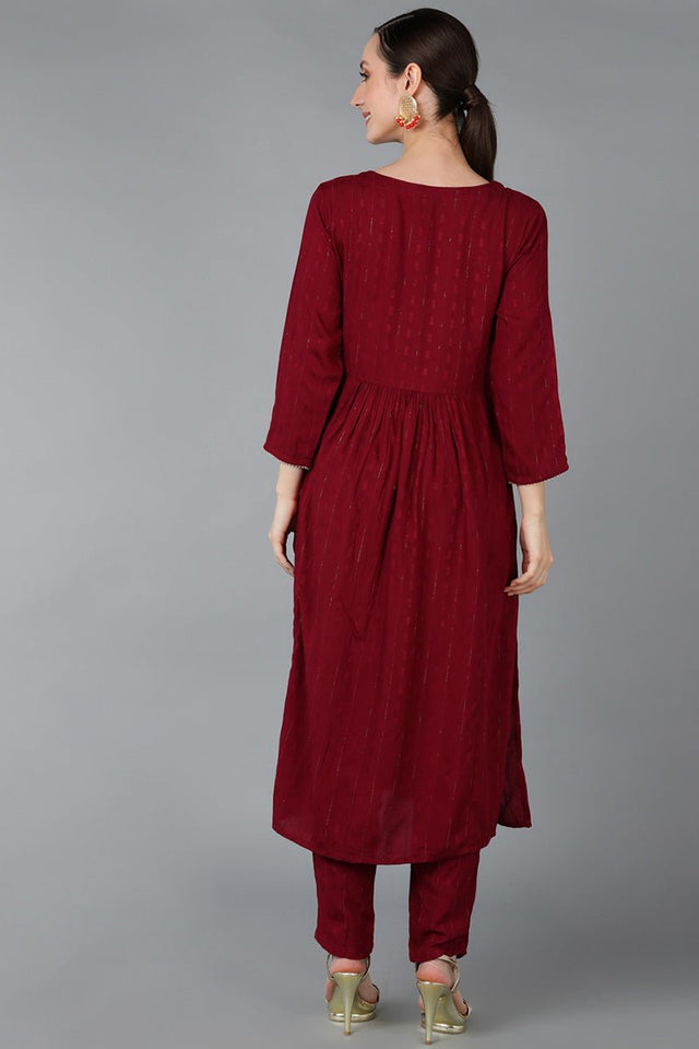 Maroon Silk Blend Yoke Design Solid Straight Kurti Set