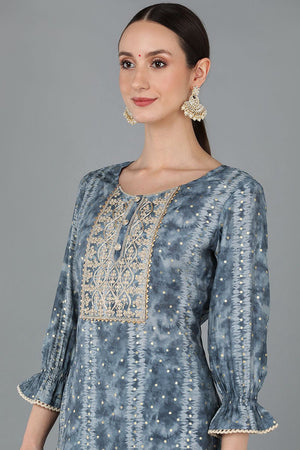 Charcoal Silk Blend Ethnic Motifs Straight Kurti Pant Set