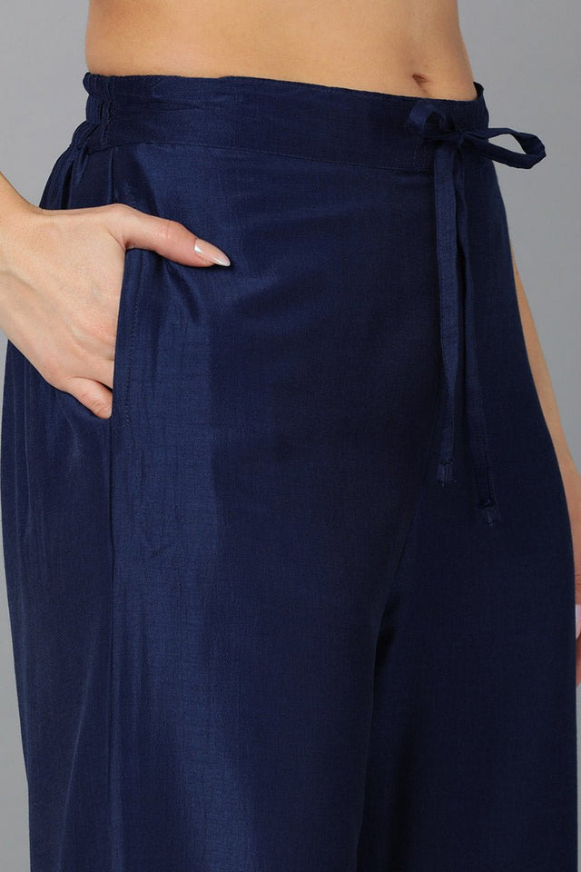 Navy Blue Silk Blend Solid Straight Kurti Pant Set