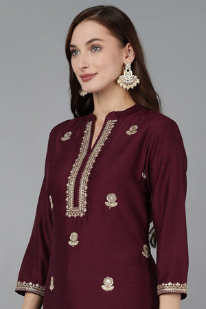 Maroon Silk Blend Solid Straight Kurti Pant Set