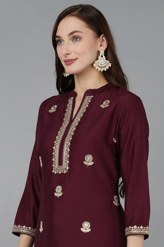 Maroon Silk Blend Solid Straight Kurti Pant Set