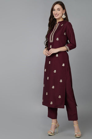 Maroon Silk Blend Solid Straight Kurti Pant Set