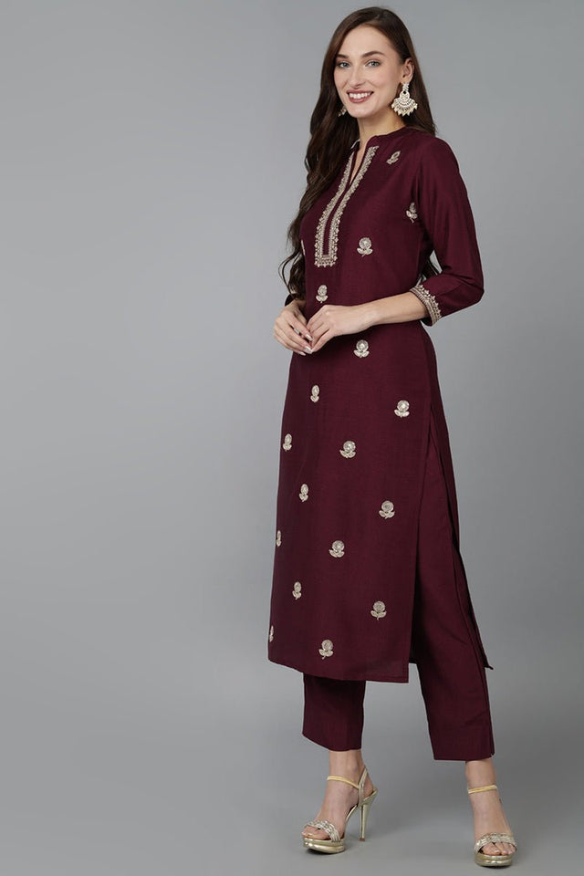 Maroon Silk Blend Solid Straight Kurti Pant Set