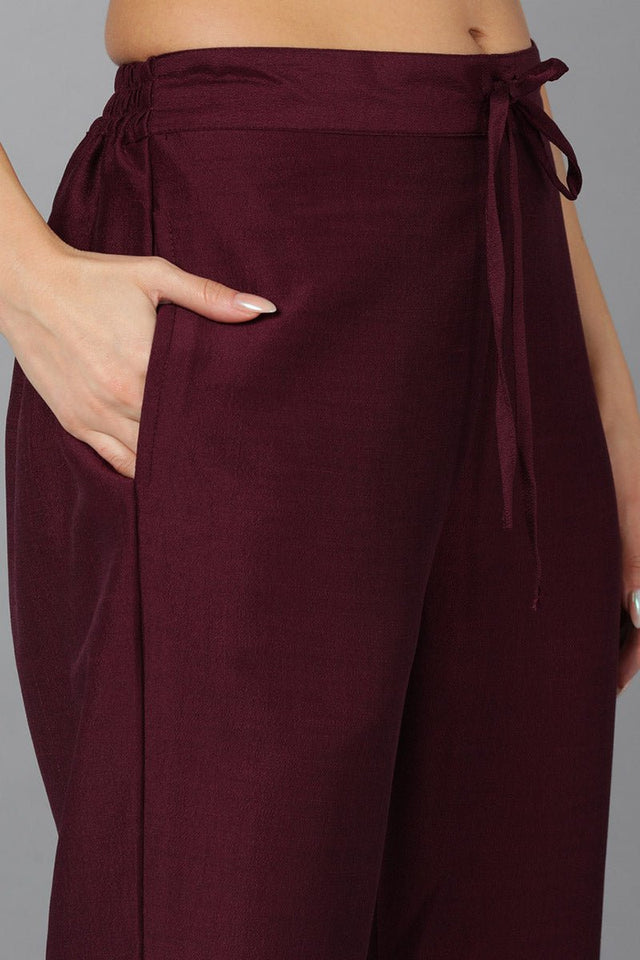 Maroon Silk Blend Solid Straight Kurti Pant Set