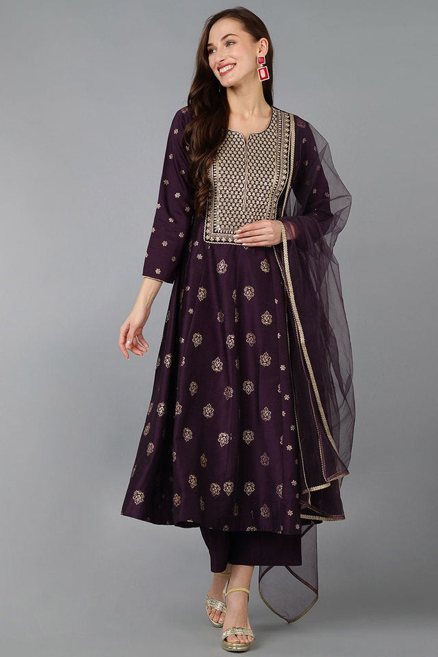 Purple Silk Blend Woven Design Anarkali Suit Set