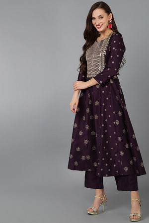 Purple Silk Blend Woven Design Anarkali Suit Set
