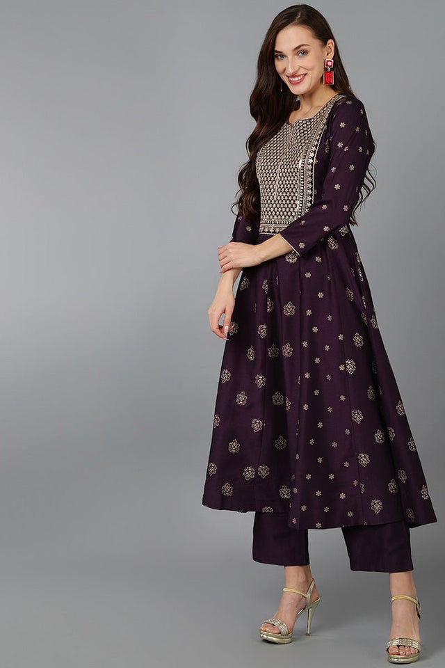 Purple Silk Blend Woven Design Anarkali Suit Set