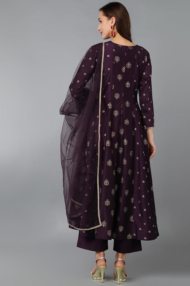 Purple Silk Blend Woven Design Anarkali Suit Set
