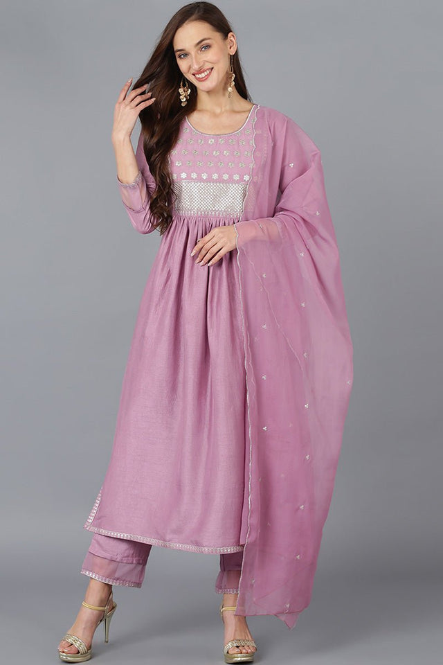 Lavender Silk Blend Solid Straight Kurti Pant Set