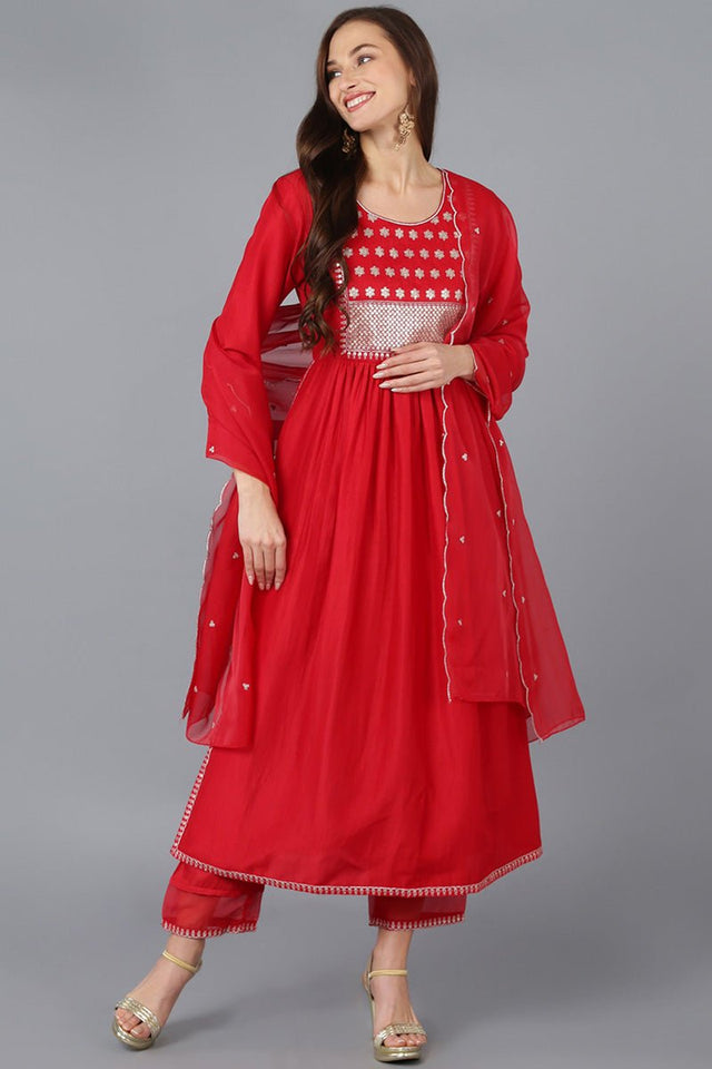 Red Silk Blend Solid Straight Kurti Pant Set