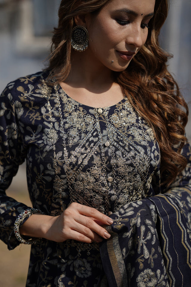 Navy Blue Silk Blend Floral Straight Kurti Pant Set
