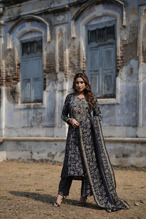 Navy Blue Silk Blend Floral Straight Kurti Pant Set