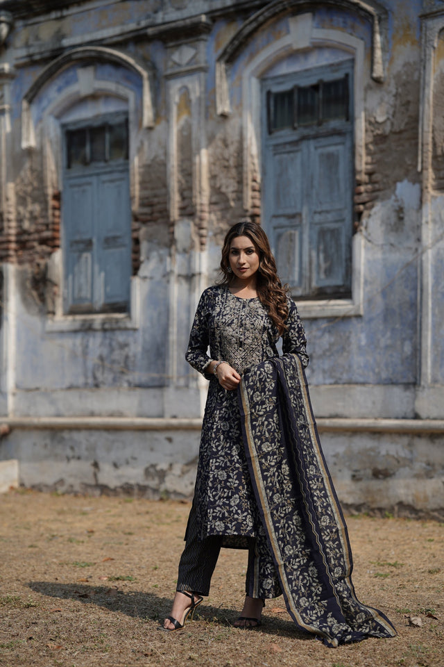 Navy Blue Silk Blend Floral Straight Kurti Pant Set