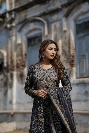 Navy Blue Silk Blend Floral Straight Kurti Pant Set