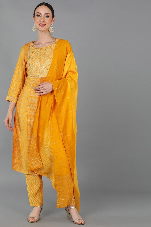 Mustard Silk Blend Ethnic Motifs Straight Kurti Pant Set