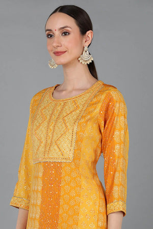 Mustard Silk Blend Ethnic Motifs Straight Kurti Pant Set