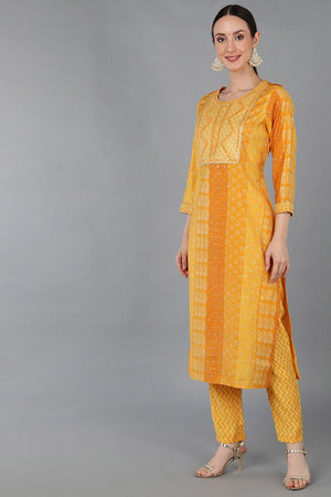 Mustard Silk Blend Ethnic Motifs Straight Kurti Pant Set