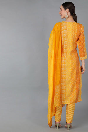 Mustard Silk Blend Ethnic Motifs Straight Kurti Pant Set