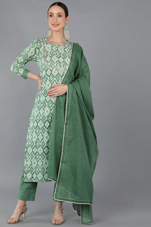 Green Cotton Gotta Patti Straight Suit Set