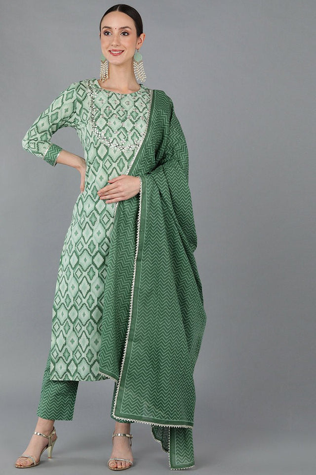 Green Cotton Gotta Patti Straight Suit Set